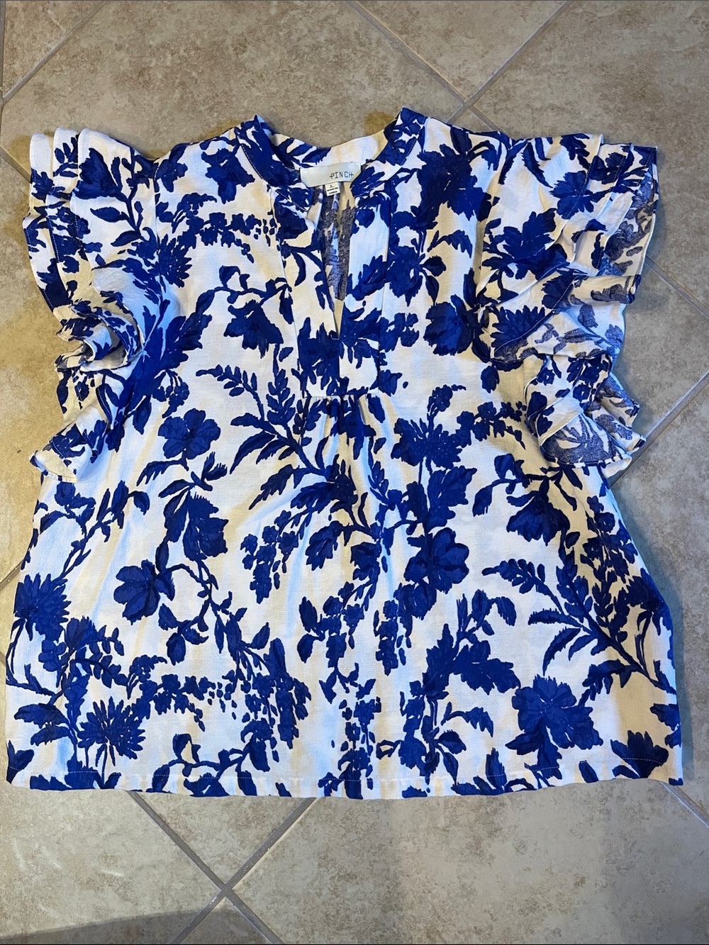 PINCH Blue Floral Ruffle Sleeve Women's Top Size Large Boutique Brand